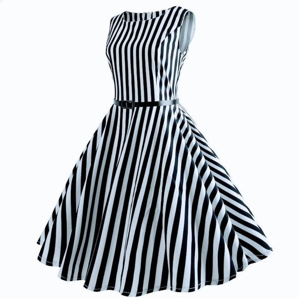 heroecol Dresses & Skirts - Navy Blue & White Striped Rockabilly Swing Dress